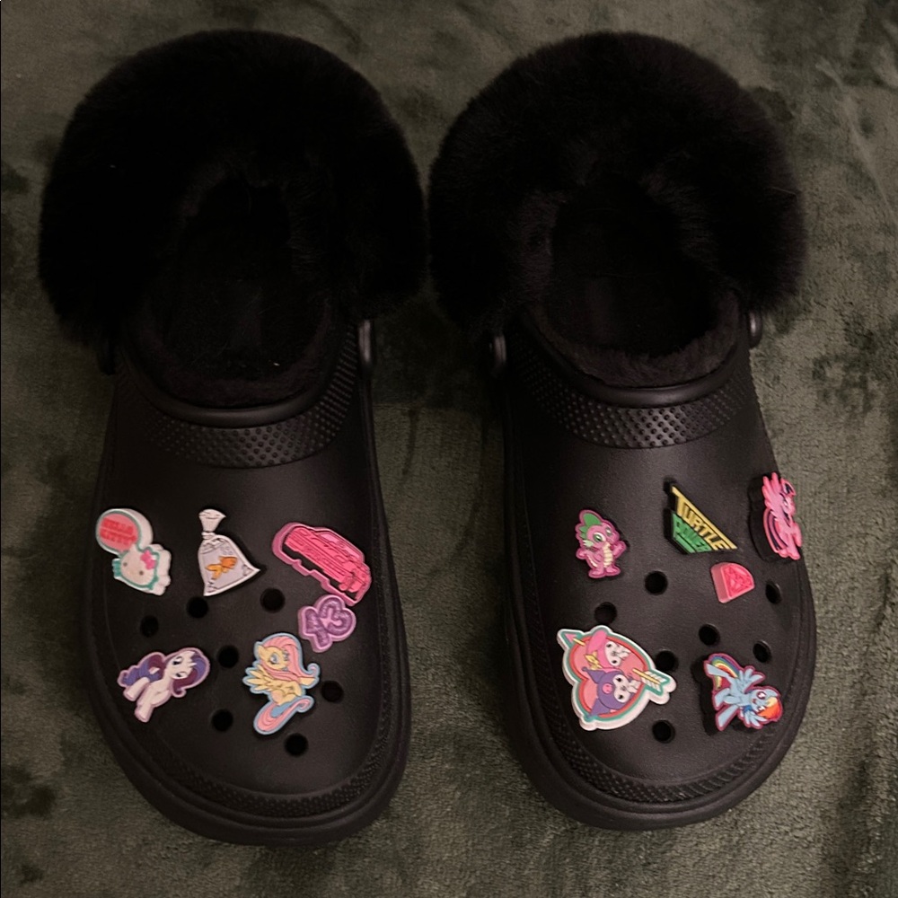 CROCS Black Platform Shoes with Colorful Charms